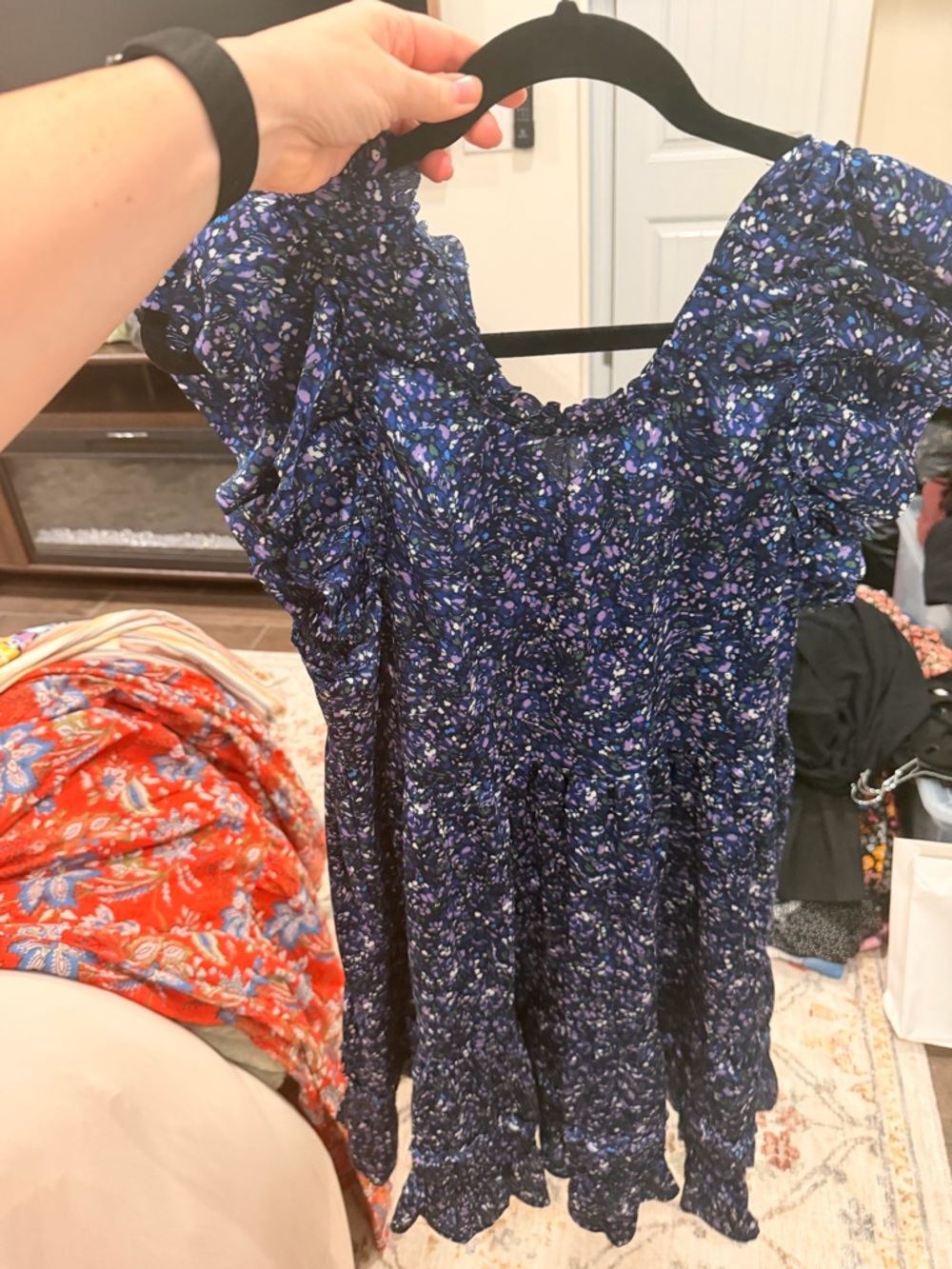 Socialite Navy Blue Floral Ruffle Sleeve Dress